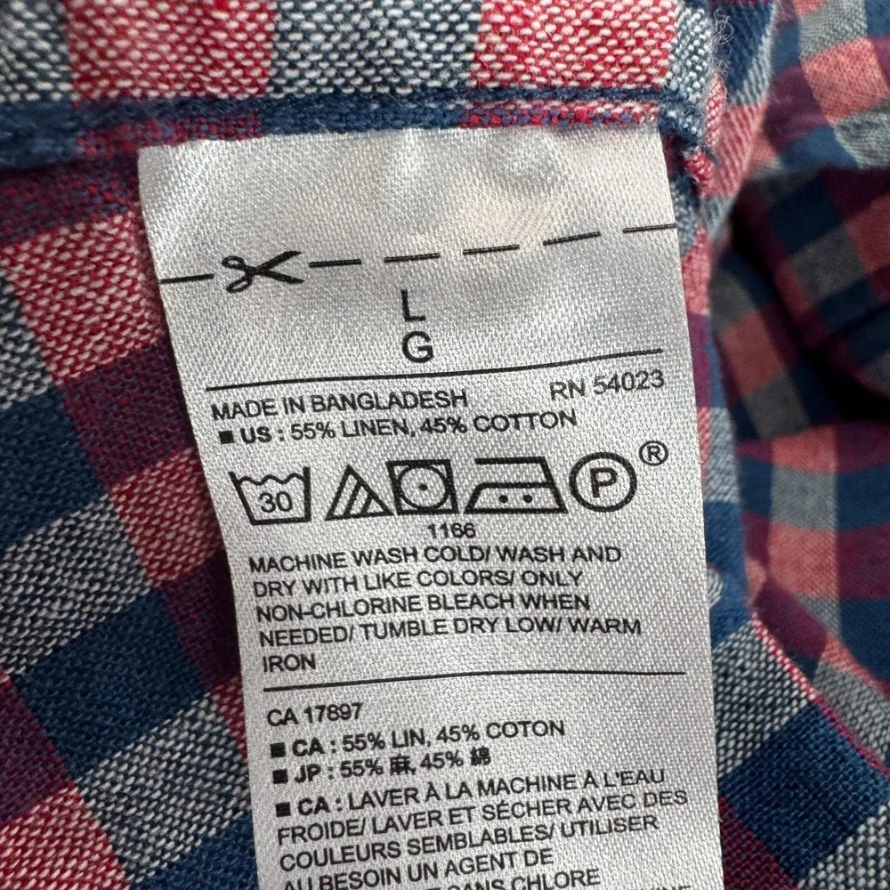 Banana Republic Linen Shirt Mens Large Blue Red Check Standard Fit Button Down